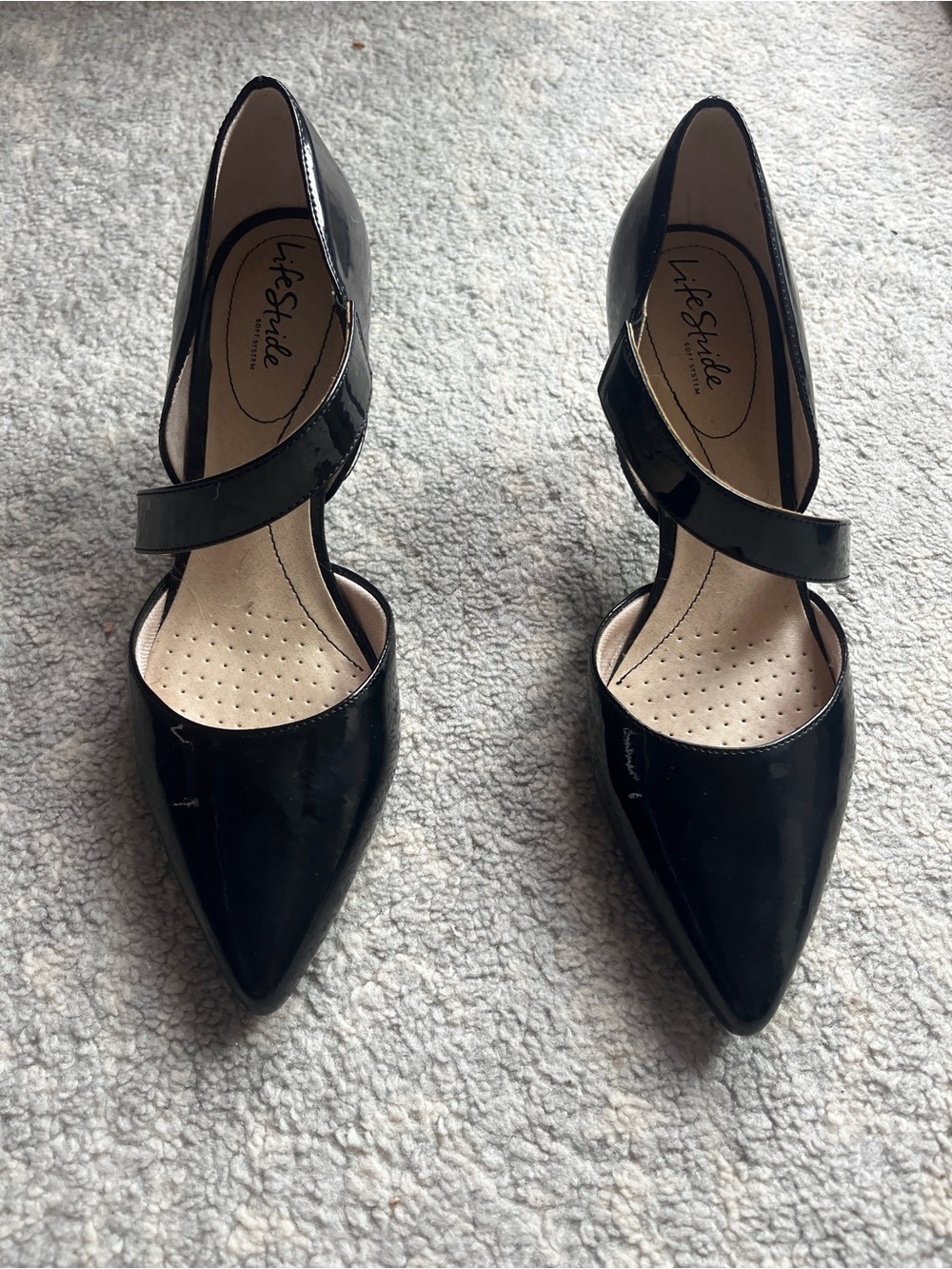 Life Stride Black Patent Pointed Heels with Cross Strap